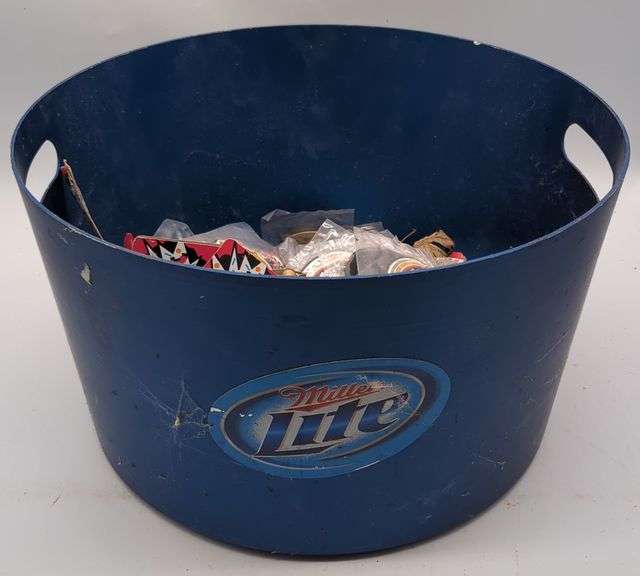 (U) Miller lite bucket with advertising keychains and necklaces .