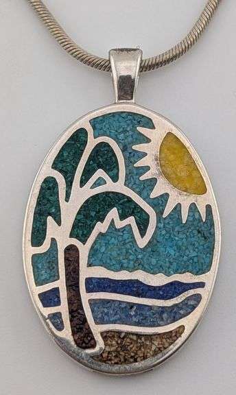 Vintage Sterling CCO Coleman Inlaid Turquoise Reversible Pendant Necklace