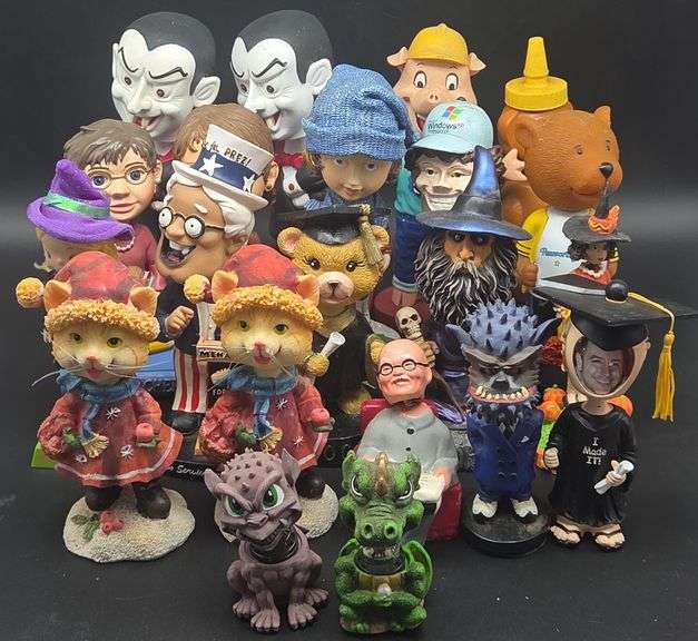 (U)(21) Variety Mix of Bobble Heads such as Dracula,  Teacher Figurines,  Honey Bottle, Cats and Muc