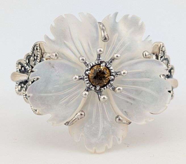 Sterling Carved MOP Citrine & Marcasite Floral Butterfly Ring