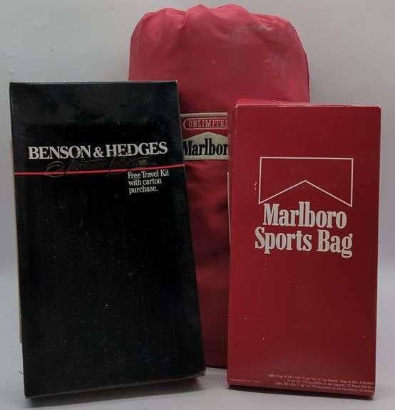 (U) Marlboro sleeping bag with sports bag and Benson and Hedges travel kit.