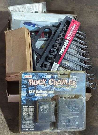 (U) Tools including 12v battery charger, wrenches and more.