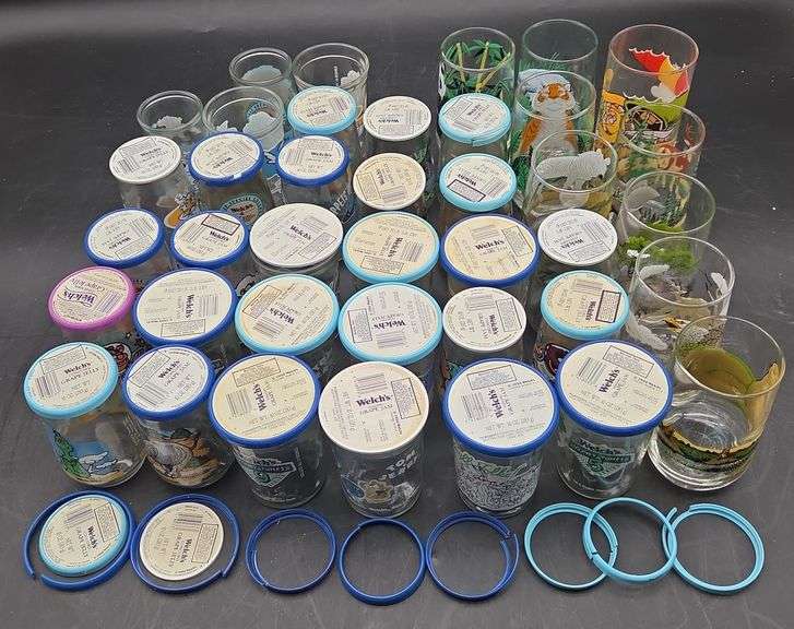 (U)(39) Vintage 1994 10' oz Welchs  Cartoon Themed Jelly/ Jam Jars and 5' Tall Water Glasses with Di