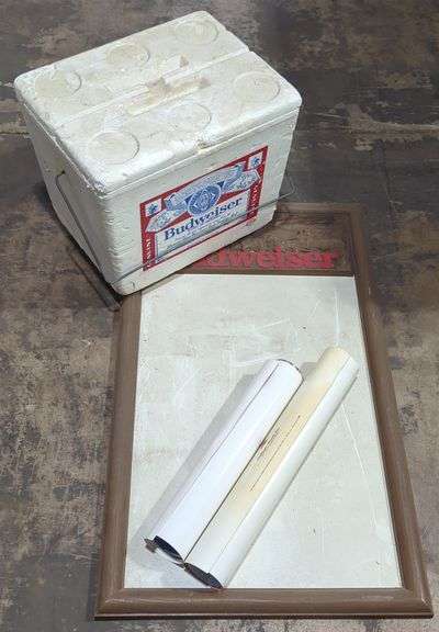 (U) Budweiser cooler, board and more. Approx 32" tallest.