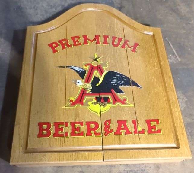 (U) Premium Beer & Ale Dartboard wooden case. Approx 28" x 22".