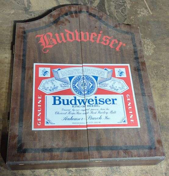 (U) Budweiser wooden Dartboard case. Approx 26" x 19".