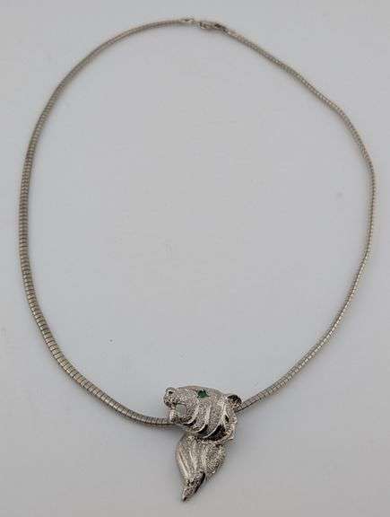 Sterling Emerald Eye Tiger Pendant Necklace