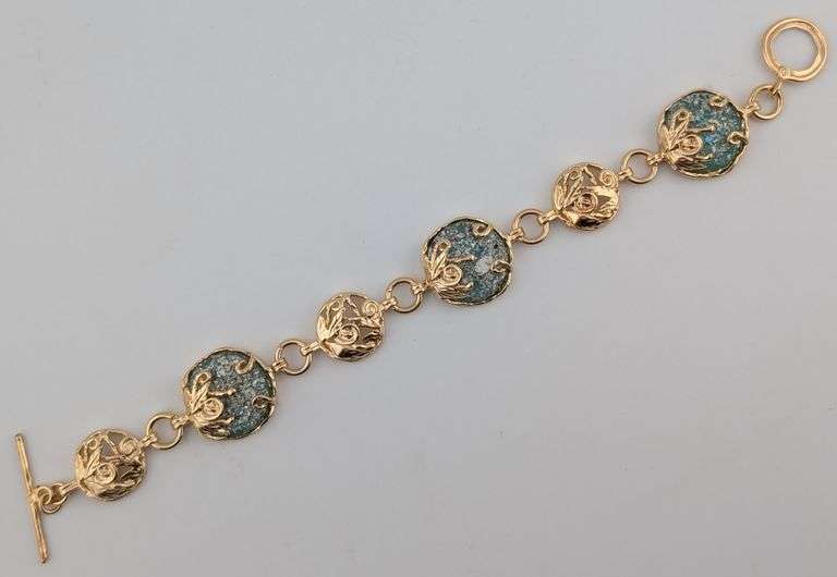 Sterling Gold Tone Israel Faux Roman Glass Toggle Bracelet