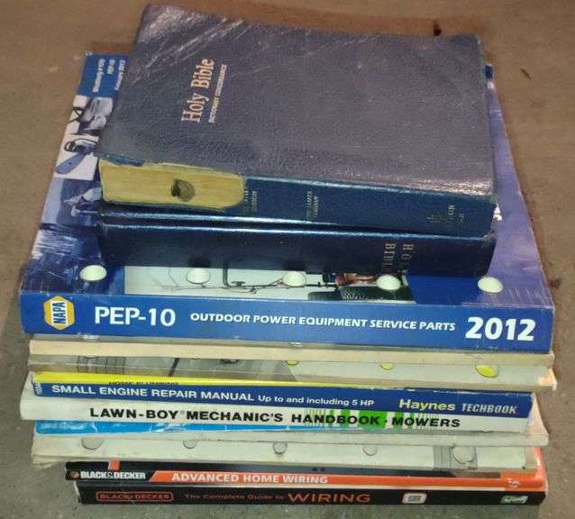 Variouses Books Incl. Holy Bibles, Black&Decker Wiring, Lawn Boy Mechanics Handbook Mowers, Etc