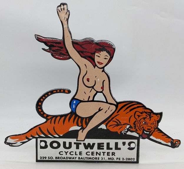 Porcelain Boutwells Cycle Center Pinup Nude Girl Sign