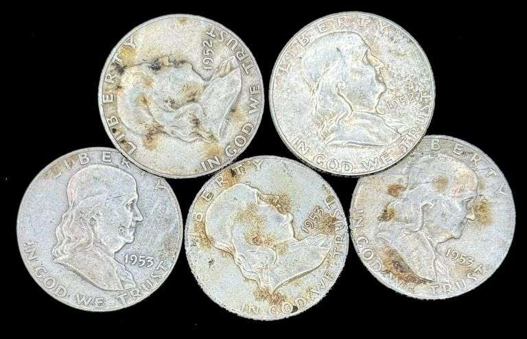 (5) 1952-1953 U.S. Franklin Silver Half Dollars