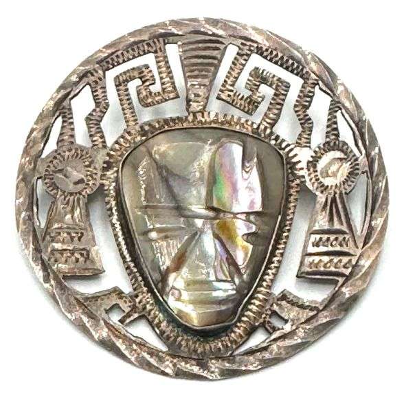 Aztec Shell Jewelry Mexico Sterling Silver Aztec Carved Abalone Shell Pendant/Brooch ...