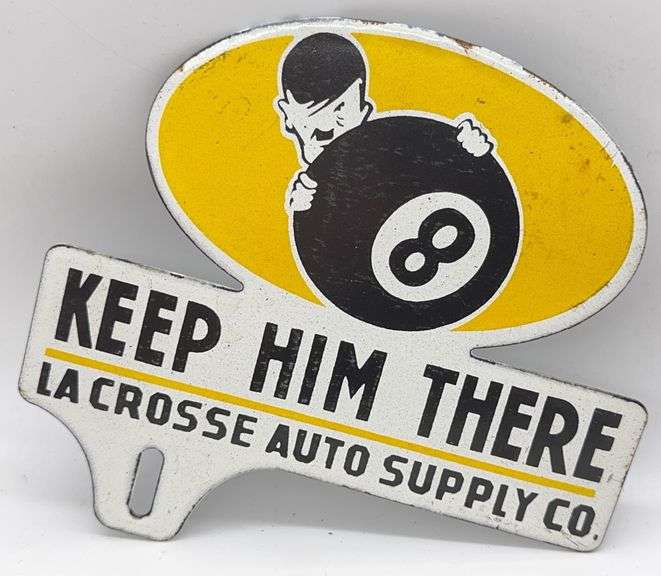 Porcelain Anti-Hitler Anti-Axis La Crosse Auto Supply License Plate Topper