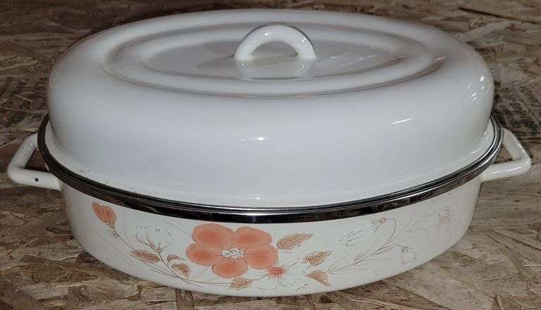Vintage Enamel Covered Roasting Pan With Floral Design