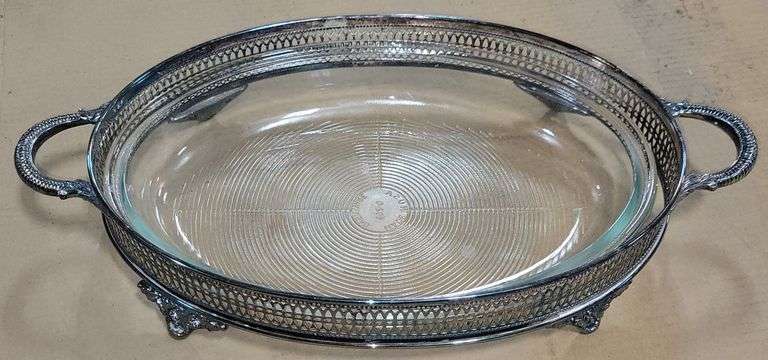 Clear Glass Oval Casserole Dish Insert With Silver Toned Metal Serving Stand