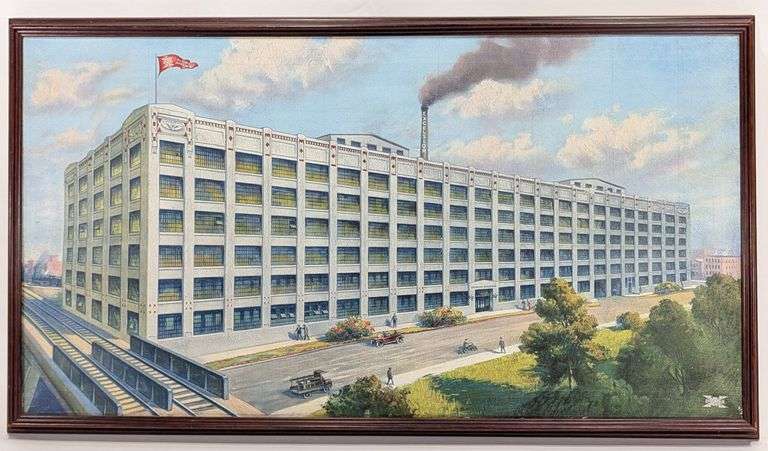 Early 1900s Excelsior Motorcycle Factory Building Oleograph