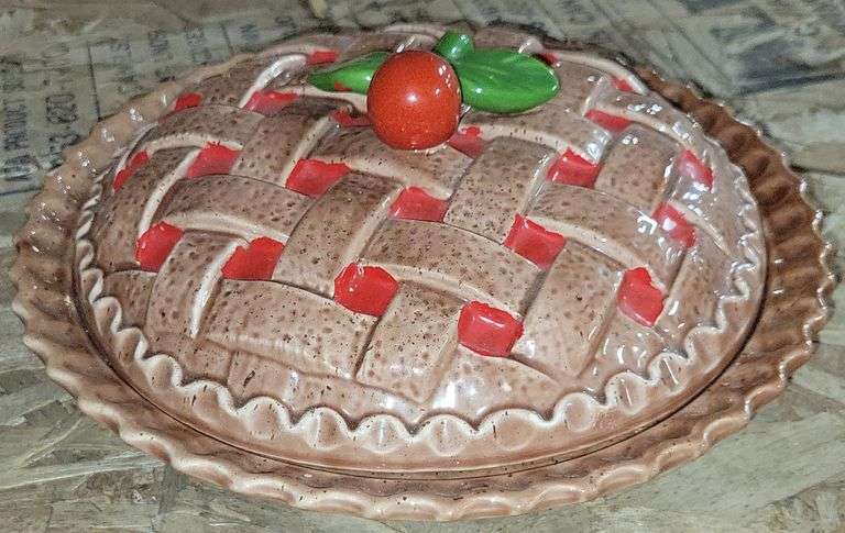 Hand Made Regent Gallery Glazed Ceramic Cherry Pie Keeper With Decorative Lid