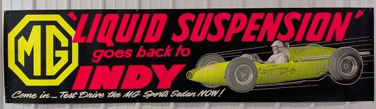 8ft Vintage 1960s MG Dealership Indy 500 Racing Banner / Liquid Suspension