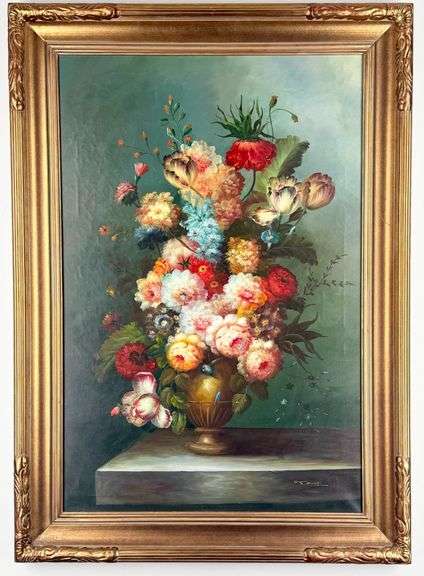 Signed Floral Still Life Oil On Canvas Painting - Kraft Auction Service ...