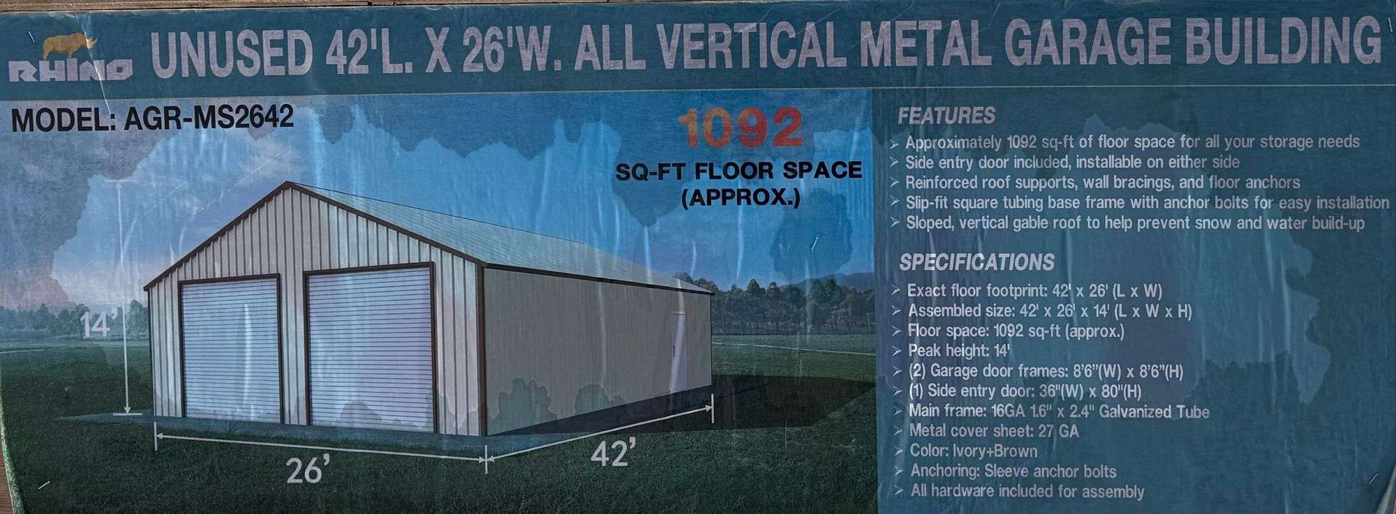 2026 RHINO 42' x 26' All Vertical Metal Garage Building - Kraft