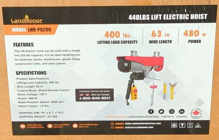 (AK) Land Honor 440 Lbs Lift Electric Hoist