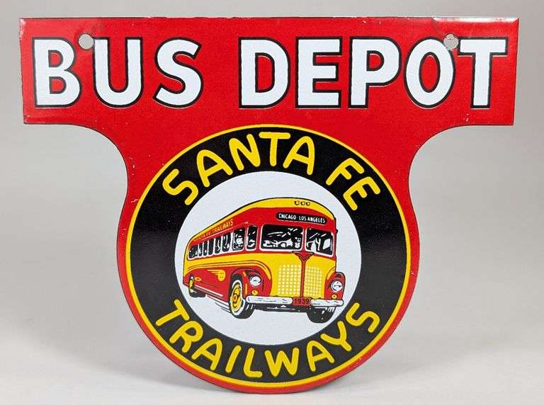 Porcelain Santa Fe Trailways Bus Depot Sign