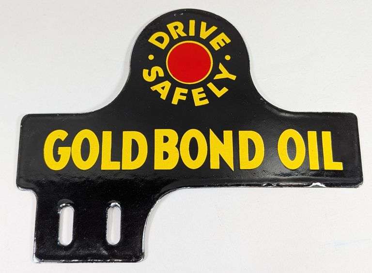 Porcelain Gold Bond Oil License Plate Topper