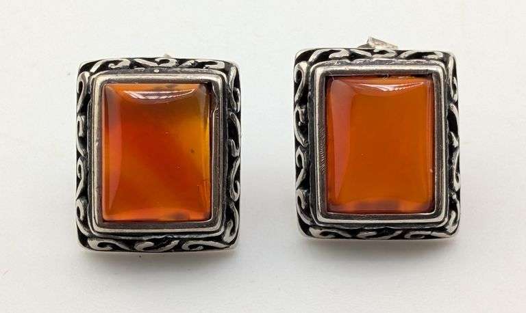 Sterling Silver Rectangular Carnelian Filigree Earrings