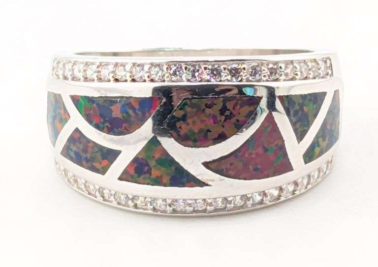 Sterling Silver Mosaic Black Opal Inlay CZ Accent Band Ring