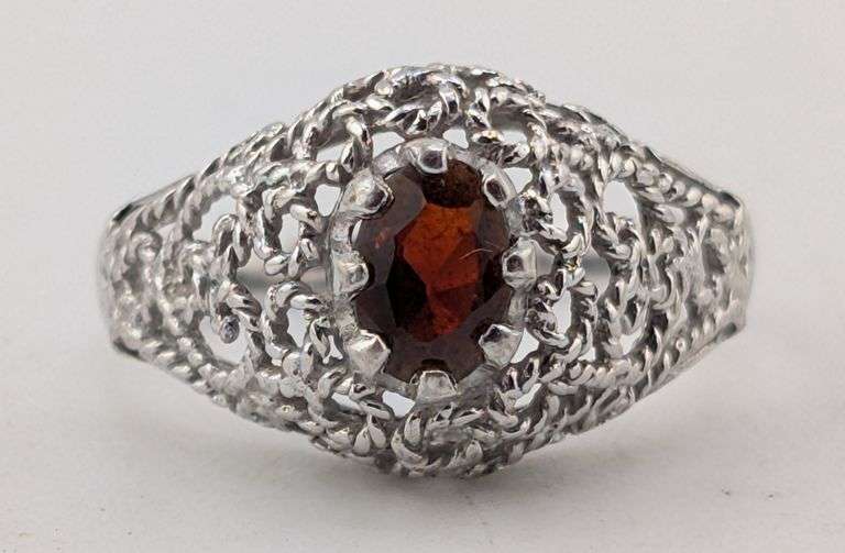 Sterling Silver Oval Garnet Woven Lattice Filigree Statement Ring