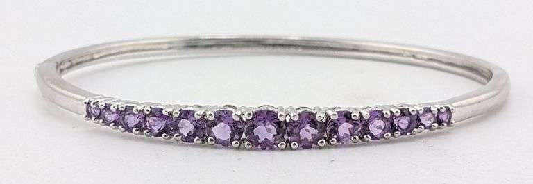 Sterling Silver Amethyst Multi Stone Line Hinged Bangle Bracelet