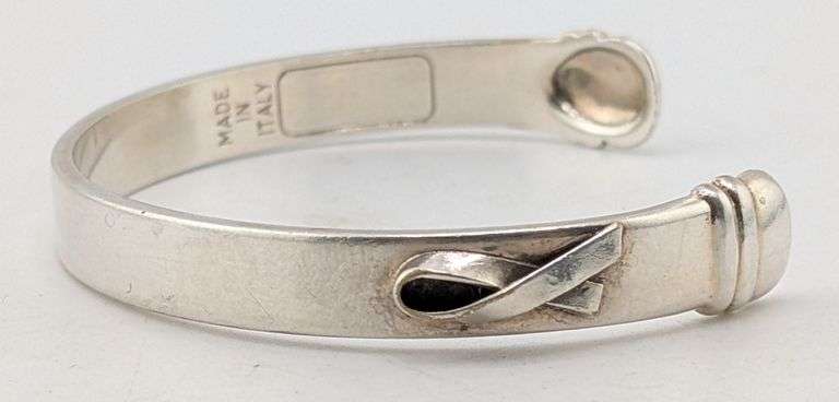 Italian Made Sterling Silver Ribbon Motif Ribbed Terminal Bypass Cuff Bracelet