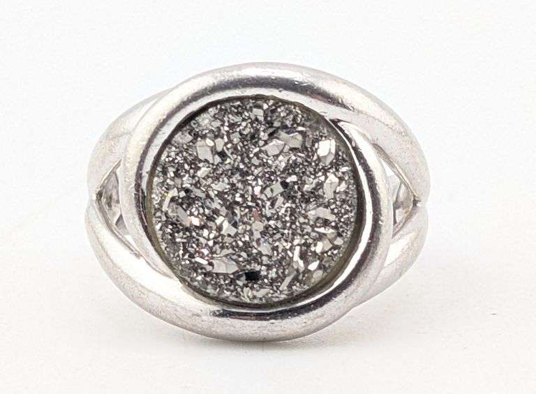 Sterling Silver Round Black Pyrite Druzy Swirl Statement Ring