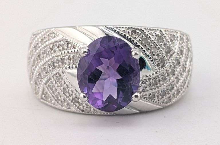 Sterling Silver Amethyst & Pavé Accent Swirl Statement Ring