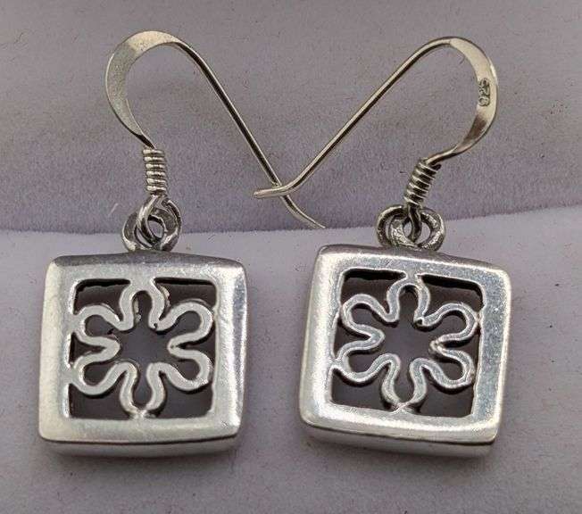 Sterling Silver Square Openwork Floral Drop Earrings