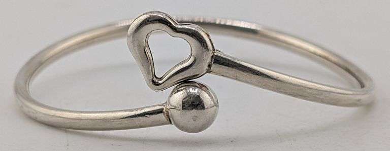 Italian Sterling Silver Open Heart and Bead Bypass Hook Bangle Bracelet