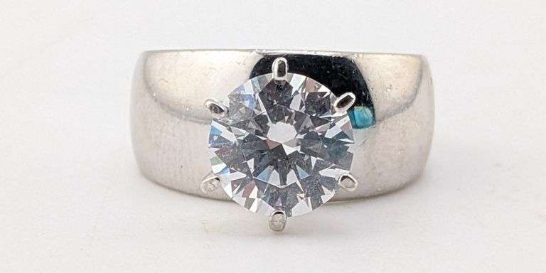 Sterling Silver Round Clear CZ Six-Prong Wide Cigar Band Ring