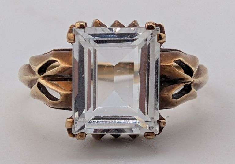 10K Yellow Gold Emerald Cut White Sapphire Cocktail Ring