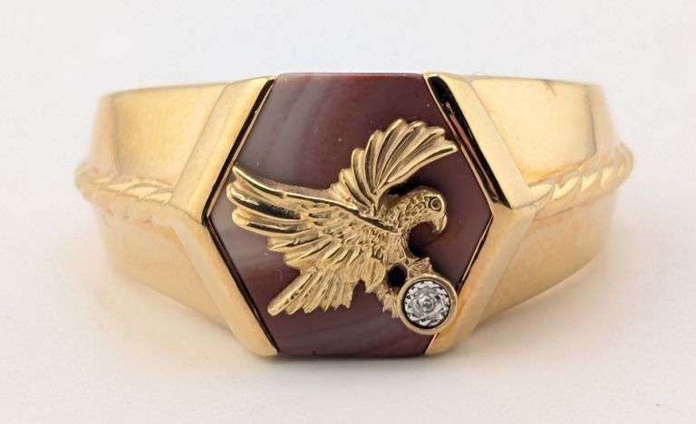 Franklin Mint Sterling Silver 10K Gold Eagle Diamond Red Jasper Signet Ring