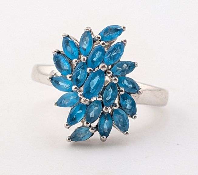 Sterling Silver Marquise Blue Topaz Cluster Cluster Cocktail Ring