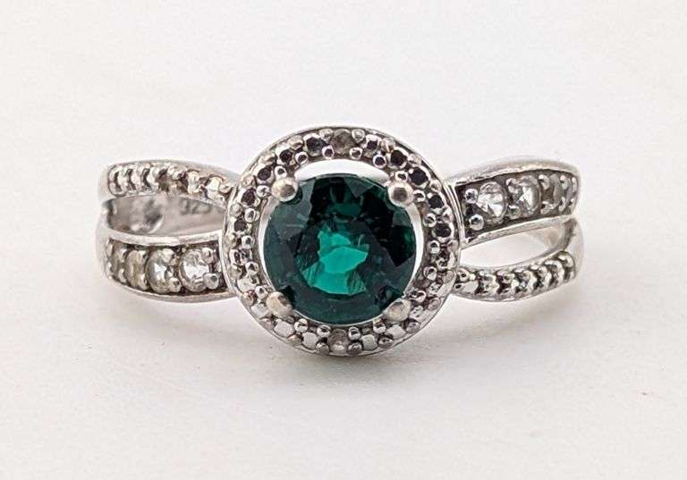 Sterling Silver Round Emerald Halo Split-Shank Statement Ring