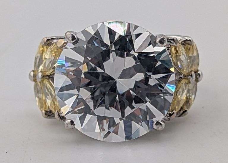 Sterling Silver Oversized Clear CZ Cocktail Ring with Marquise Yellow Accents