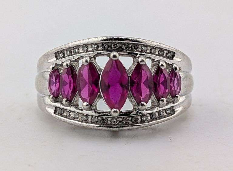 Sterling Silver Marquise Pink Ruby White Sapphire Accent Triple Band Ring