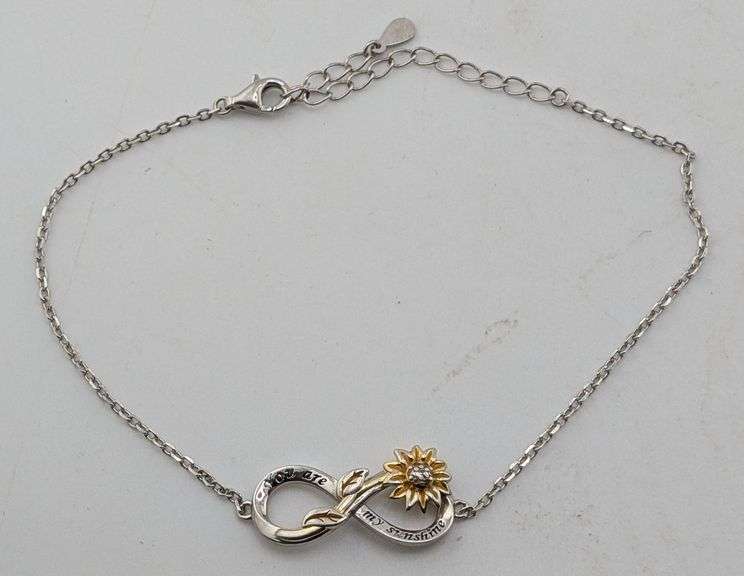 Two Tone Sterling Silver "You are my sunshine" Infinity Sunflower Chain Bracelet