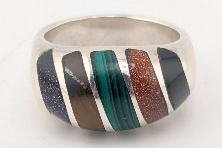 Sterling Silver Multi-Stone Inlay Wide Dome Statement Ring
