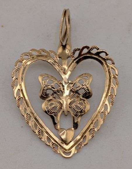 (AJ)10K Yellow Gold Filigree Butterfly Open Heart Pendant