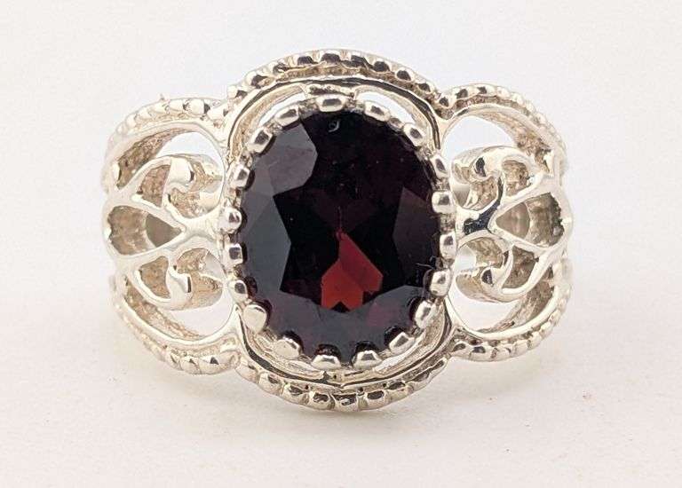 Sterling Silver Oval Garnet Openwork Filigree Statement Ring