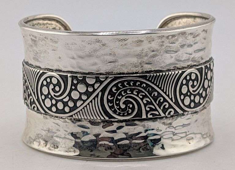 Mexican Artisan Hammered Sterling Silver Oxidized Scroll Wide Cuff Bracelet