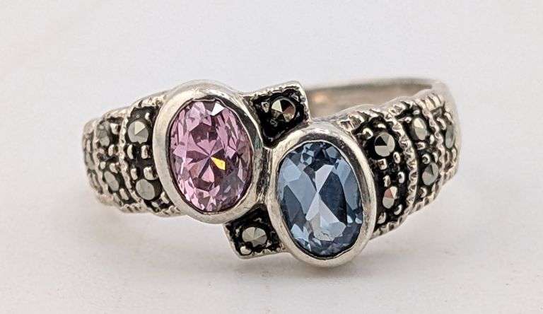 Vintage Sterling Silver Pastel Two-Stone Bypass Ring with Marcasite Accents