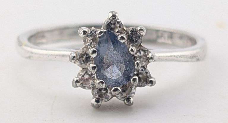 Sterling Silver Pear Cut Blue Sapphire Starburst Halo Ring